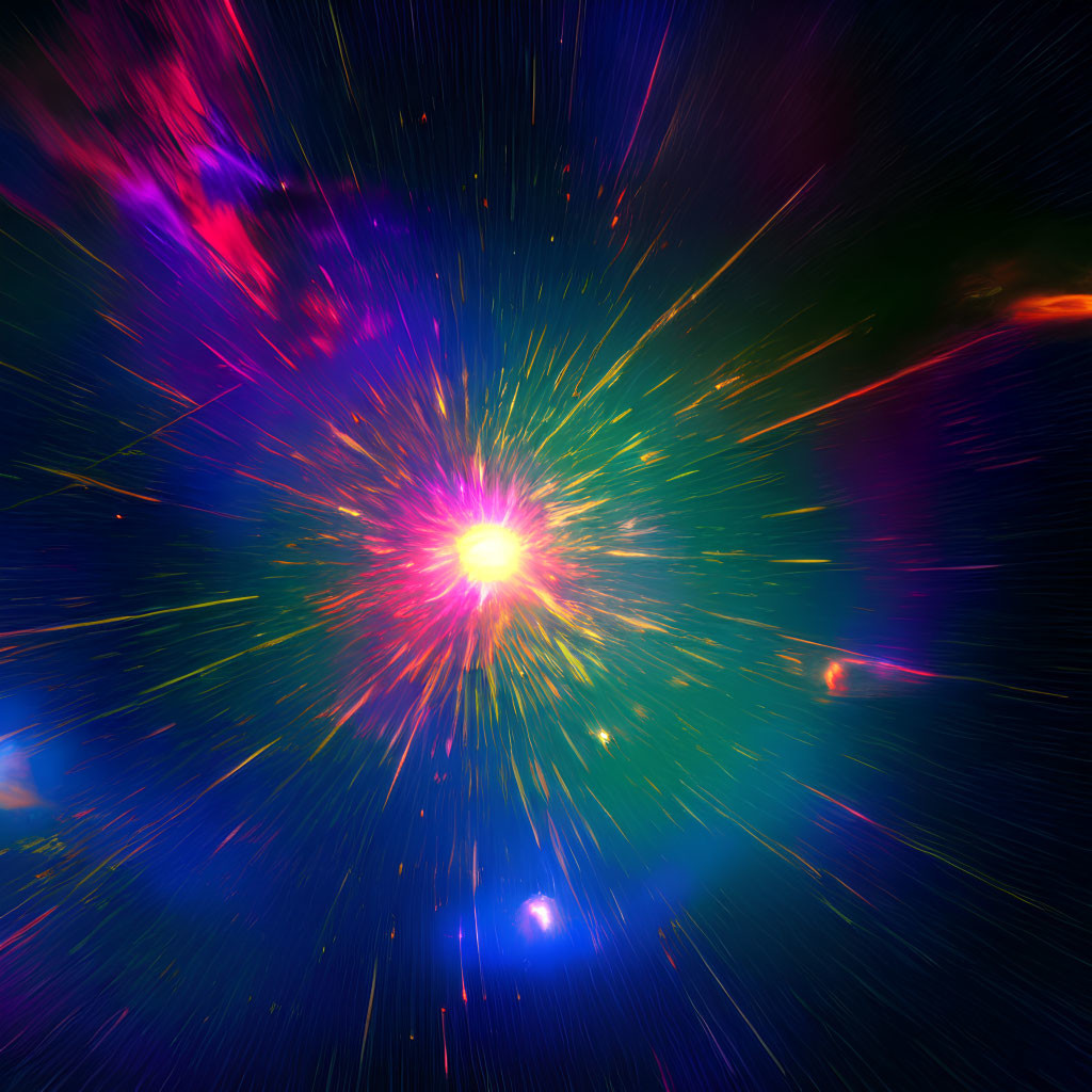 Colorful cosmic explosion with radiant streaks on dark space backdrop