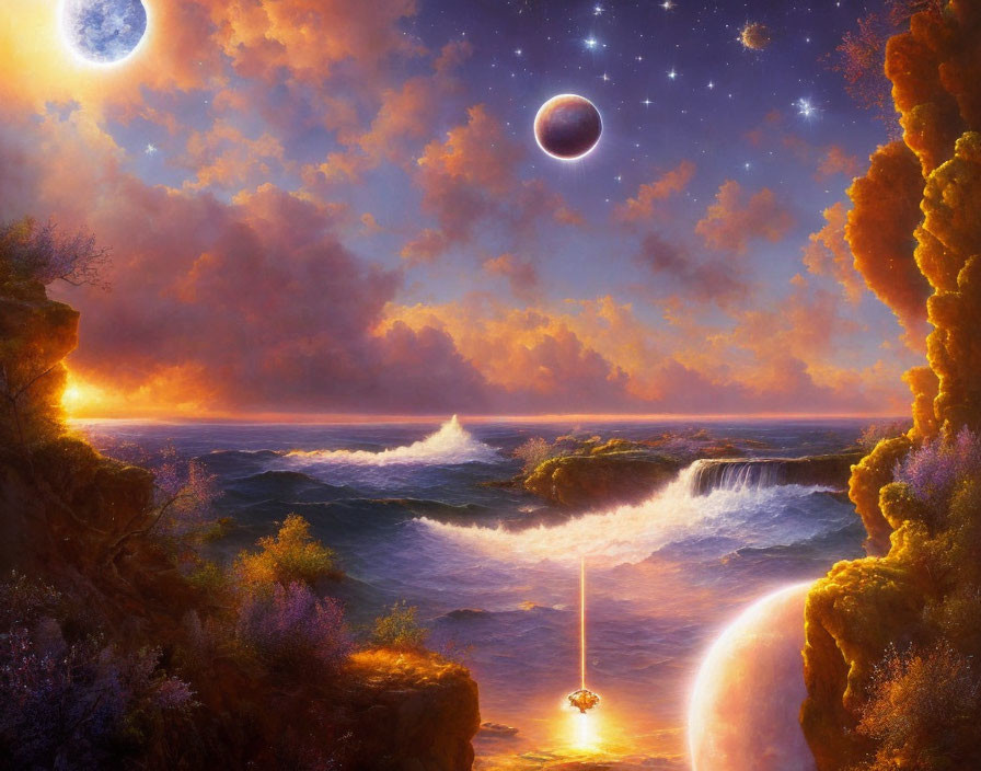 Surreal landscape with ocean waterfall and celestial bodies