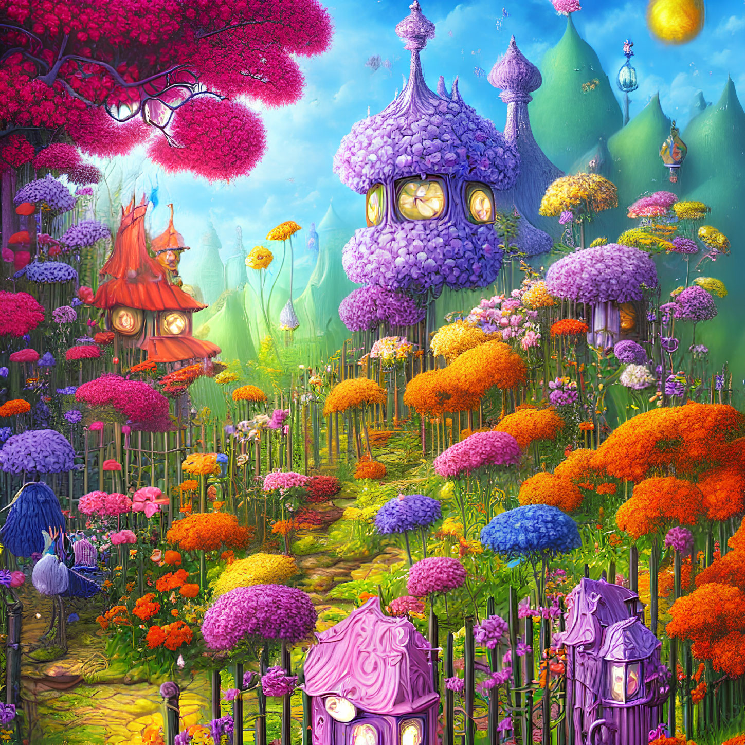 Fantastical garden with whimsical structures and colorful flora