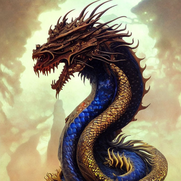 Blue dragon with golden accents and sharp horns against cloudy backdrop.