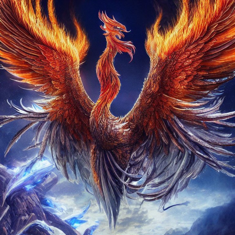 Majestic phoenix with fiery wings against blue clouds and rocky terrain