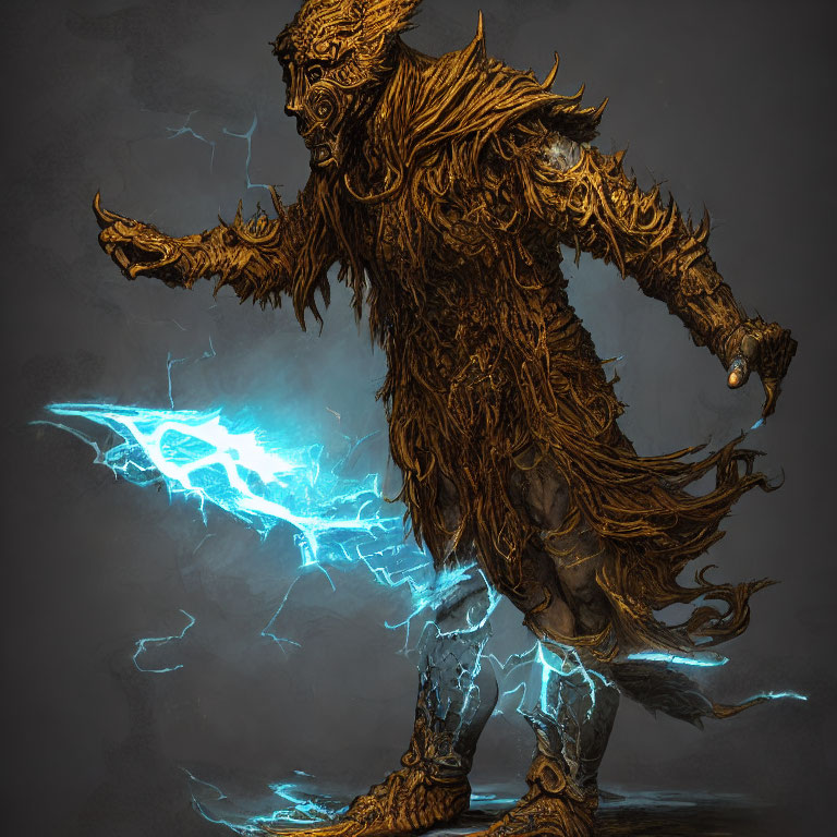 Mythical tree-like creature casting lightning spell in dark setting