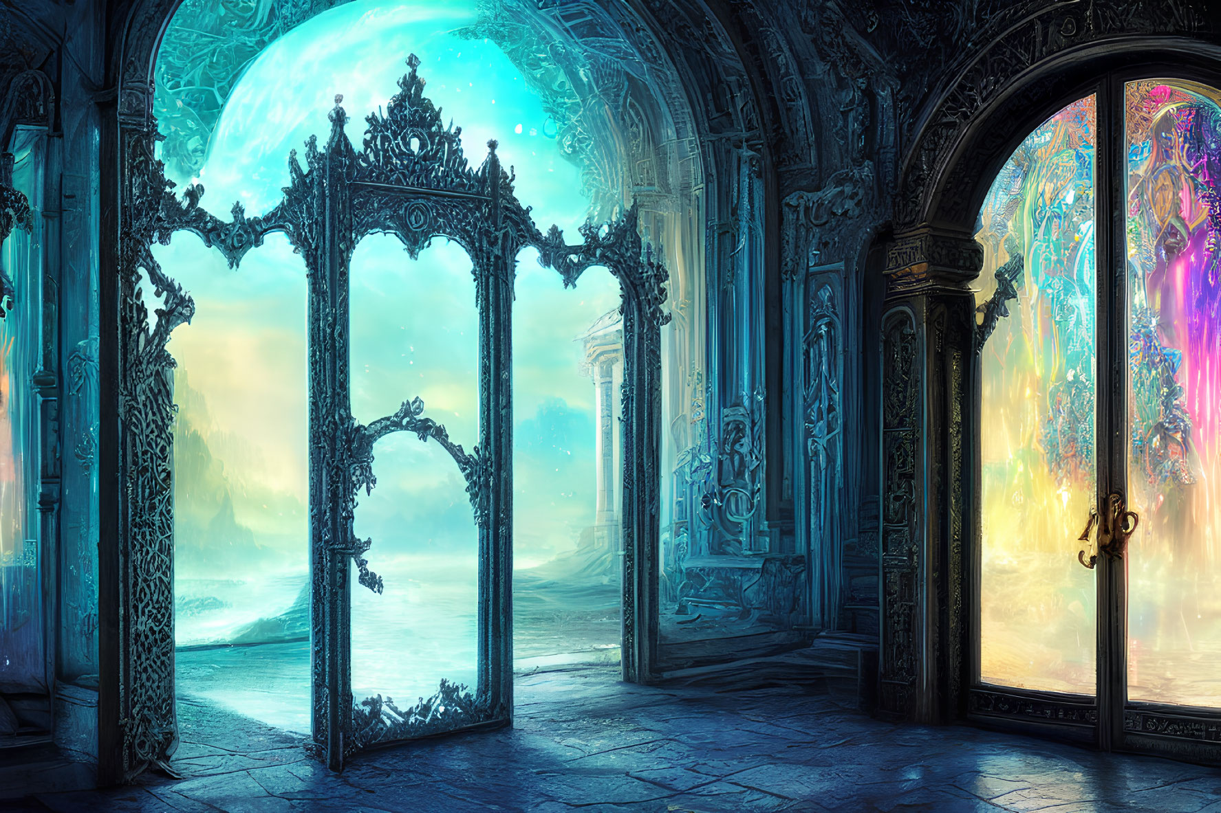 Ornate open doorway to vibrant magical landscape with glowing sky