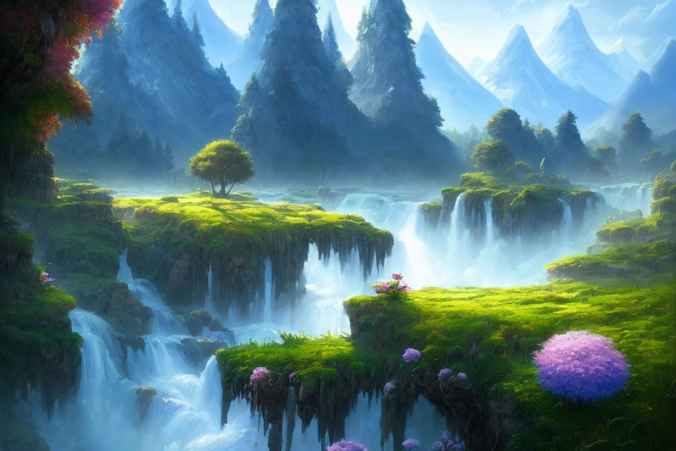 Scenic landscape with waterfalls, flora, and misty mountains