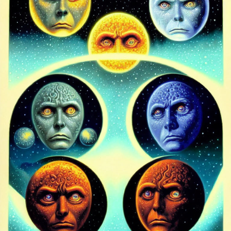 Vibrant surreal artwork: six celestial bodies with expressive faces