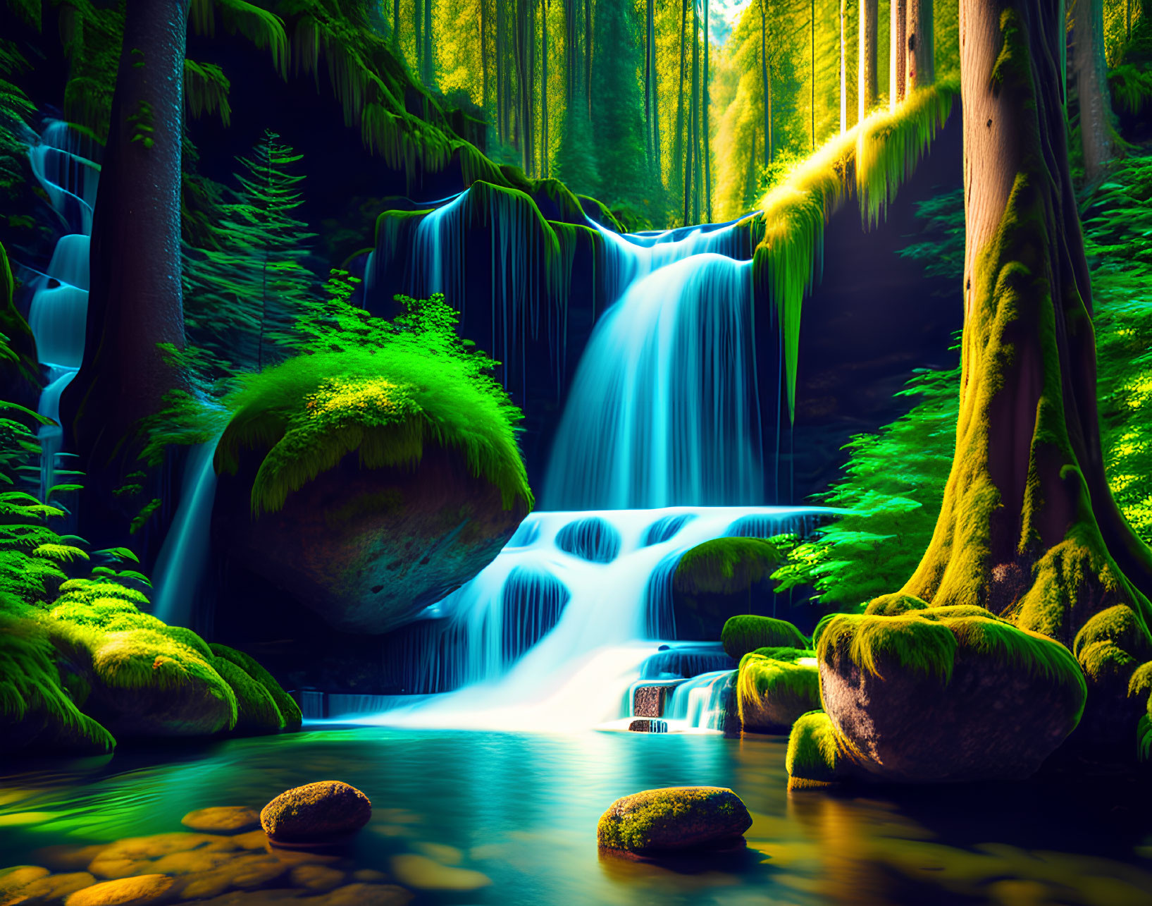 Tranquil waterfall in lush greenery with sunlight rays