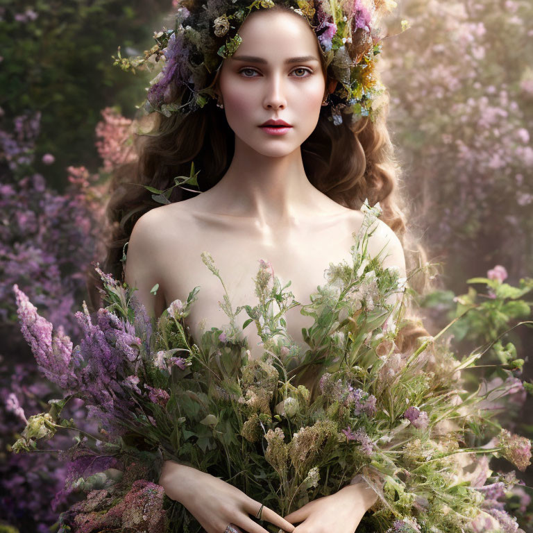Floral Crown Woman with Lavender Bouquet in Nature