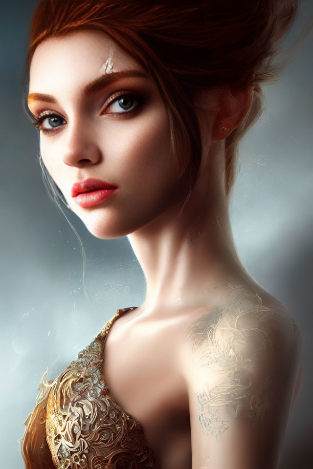 Digital artwork: Woman with auburn hair, blue eyes, fair skin, and golden shoulder armor