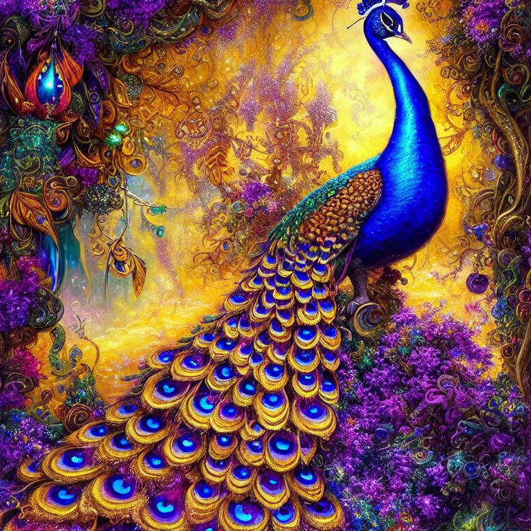 Colorful Peacock Illustration with Elaborate Tail and Ornate Floral Background