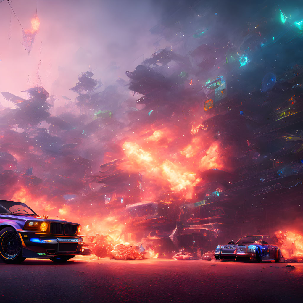 Dystopian scene with debris piles, neon lights, fire, cars, and ominous sky