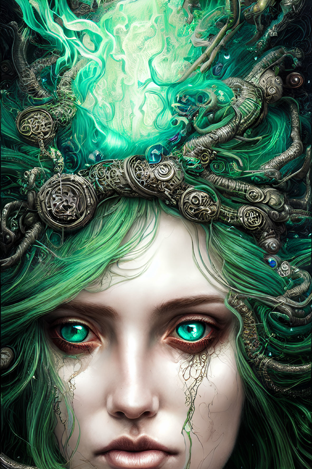 Vibrant digital portrait of woman with green hair and emerald eyes and metallic ornaments in ethereal