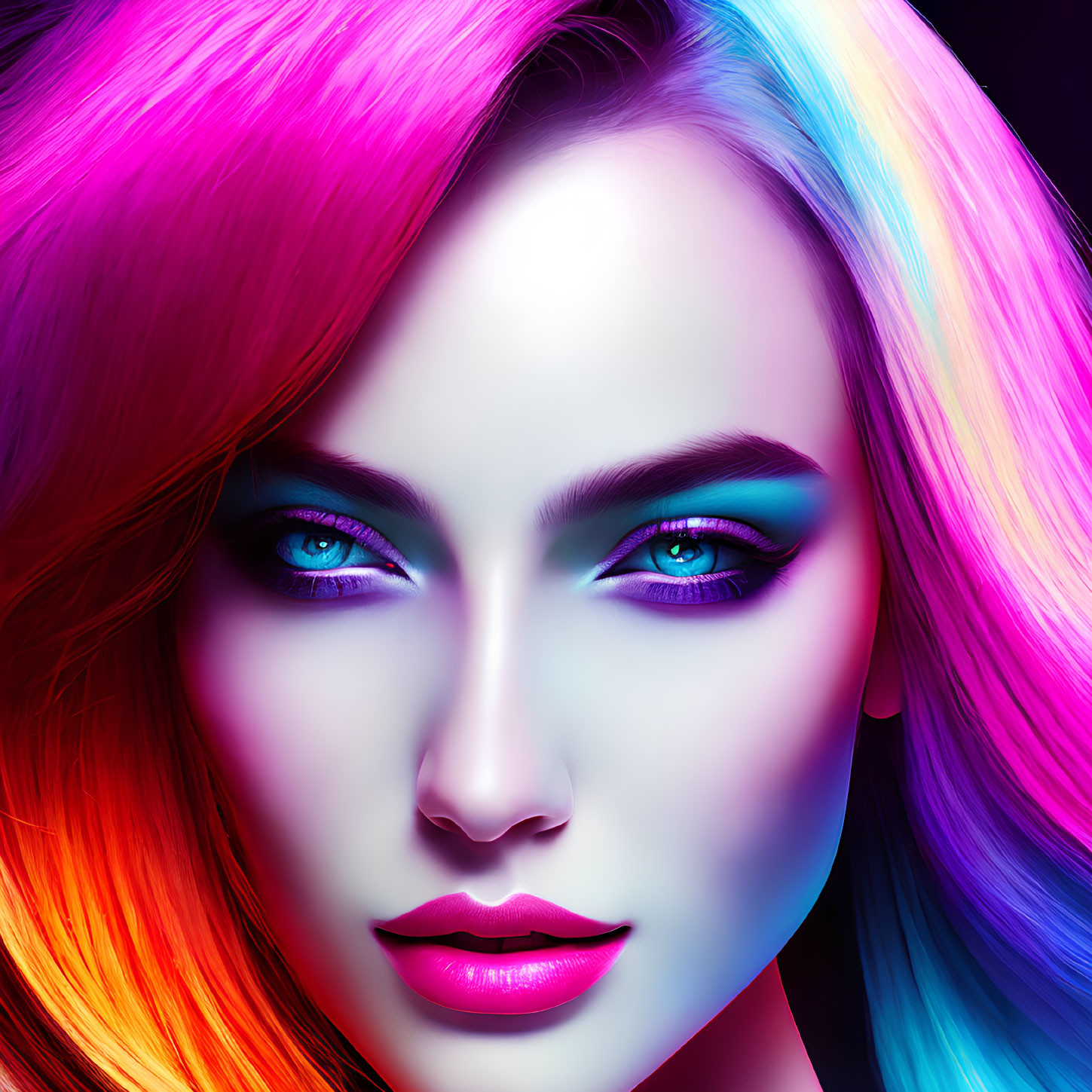 Colorful Woman Portrait with Blue Eye Makeup on Dark Background
