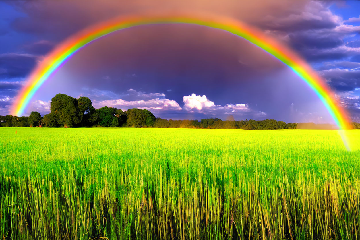 Colorful rainbow over green field with trees and dramatic sky.