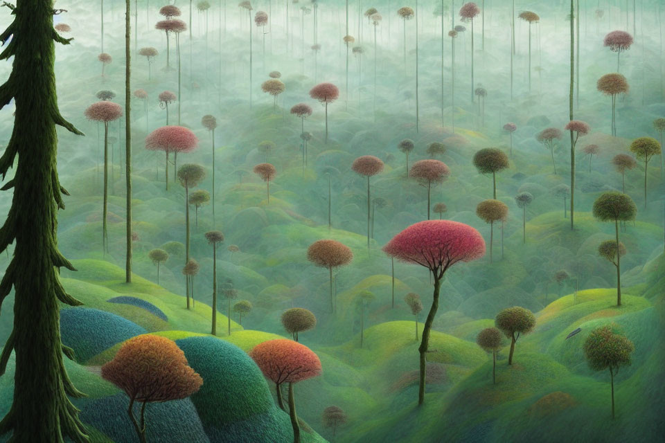 Fantastical forest with colorful, fluffy canopies