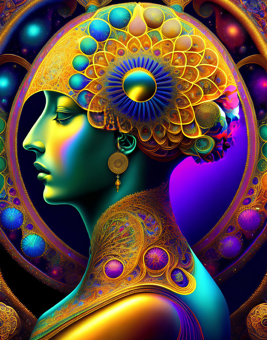 Colorful digital artwork of woman with ornate headdress and glowing skin surrounded by mandala patterns