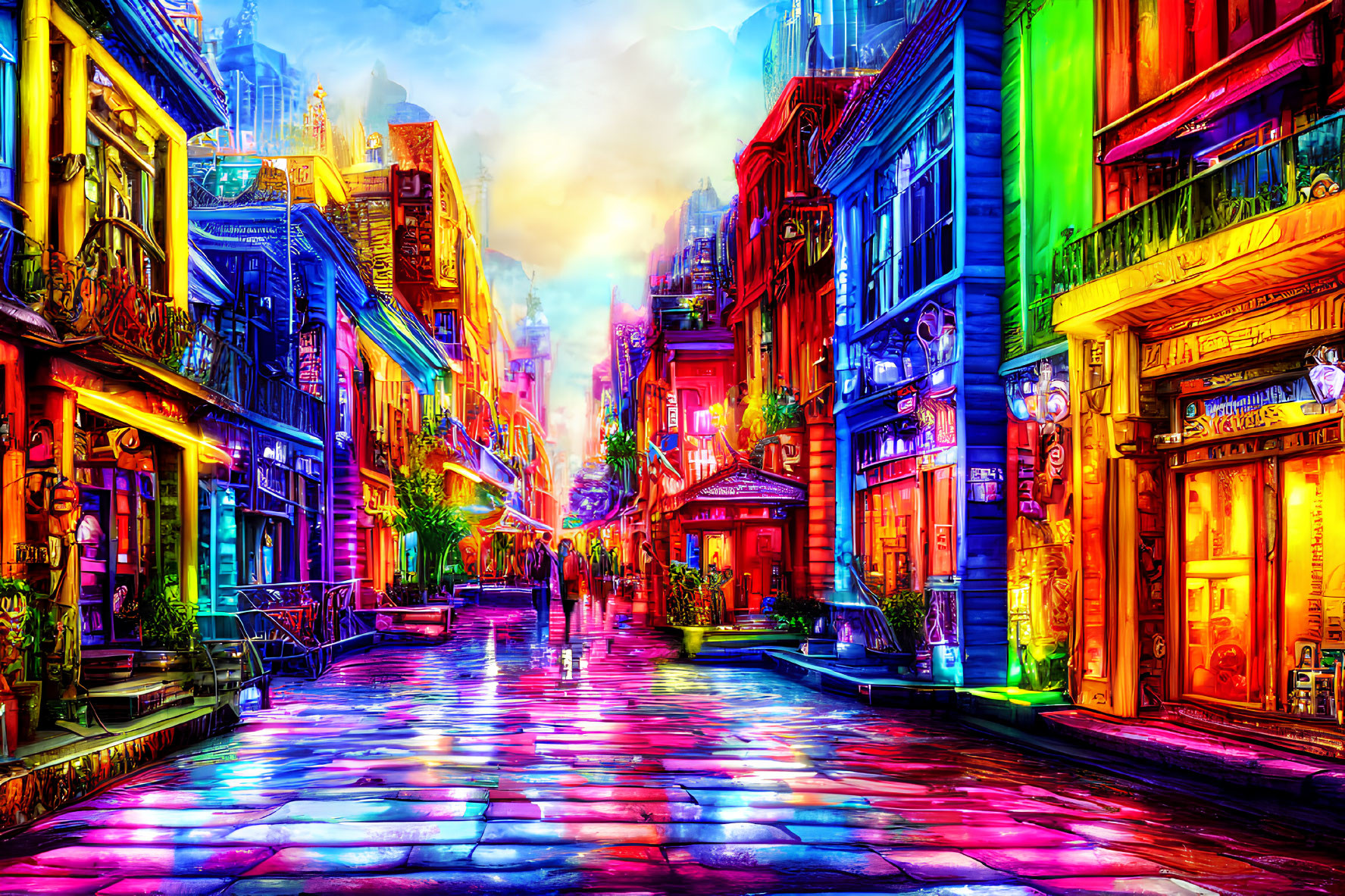 Colorful street scene with eclectic architecture and luminous sky