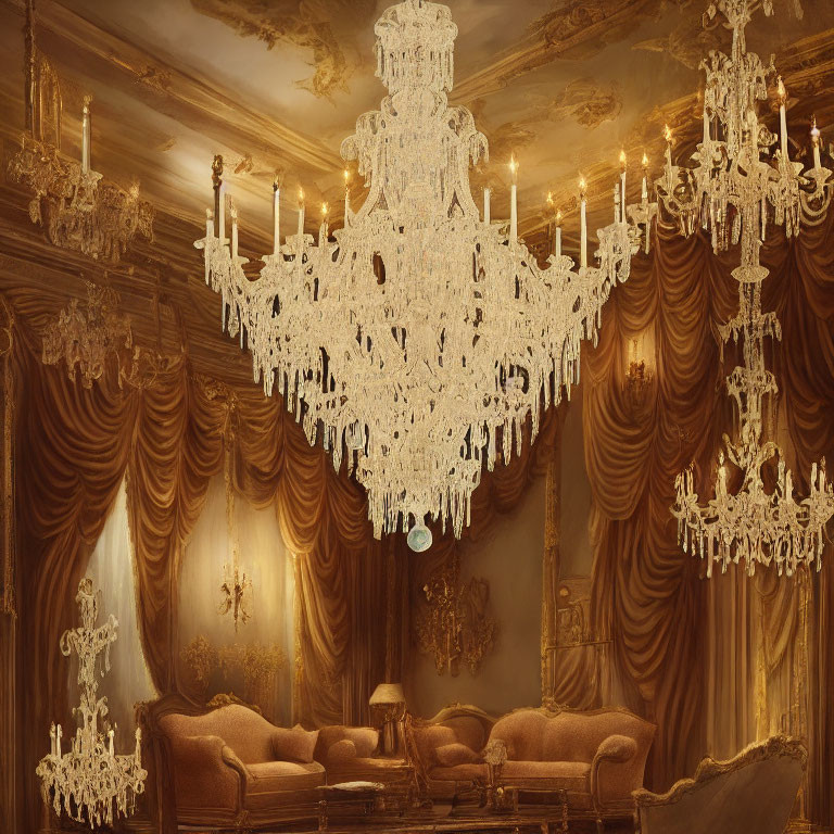 Luxurious room with crystal chandelier, heavy drapery, golden walls, and plush sofas