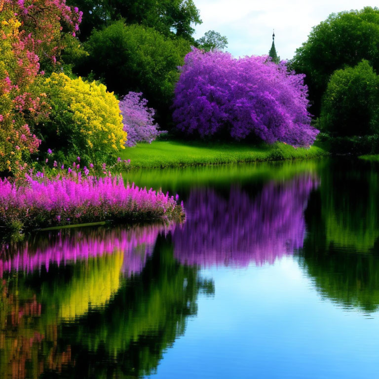 Colorful landscape with purple and pink trees by tranquil lake