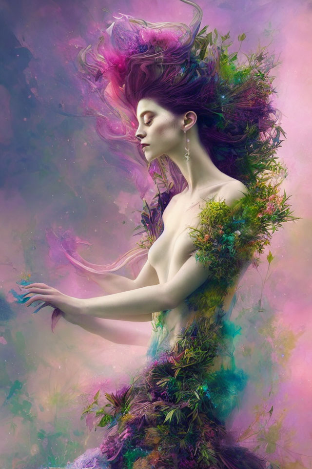 Vibrant digital artwork: Woman with swirling pink hair and foliage dress
