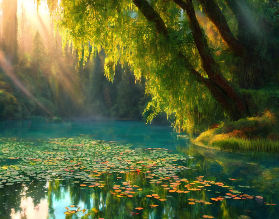 Tranquil lake scene with lily pads and lush greenery