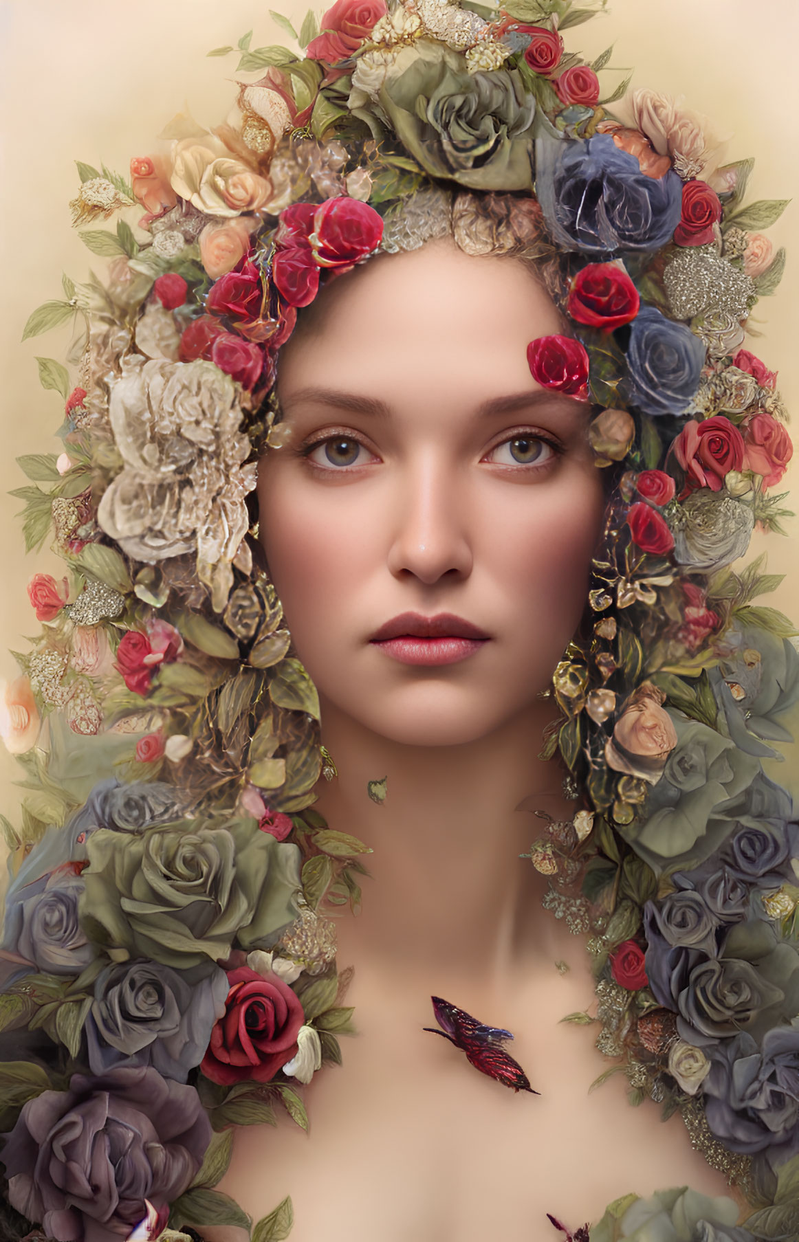 Colorful Rose Floral Wreath Portrait of Serene Woman
