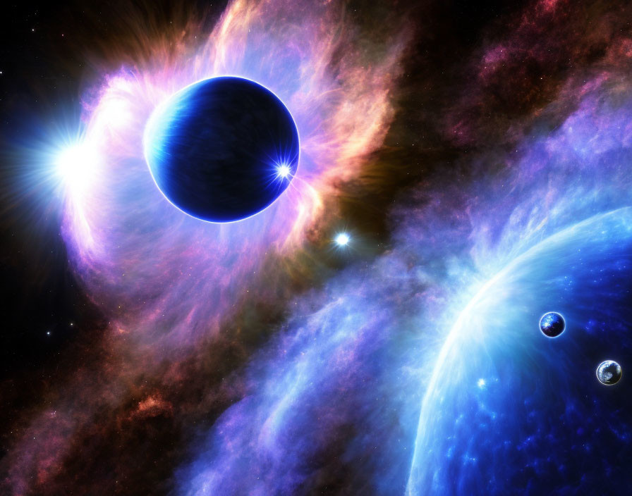 Colorful Cosmic Scene with Blue Planet, Eclipsed Body, and Nebulae