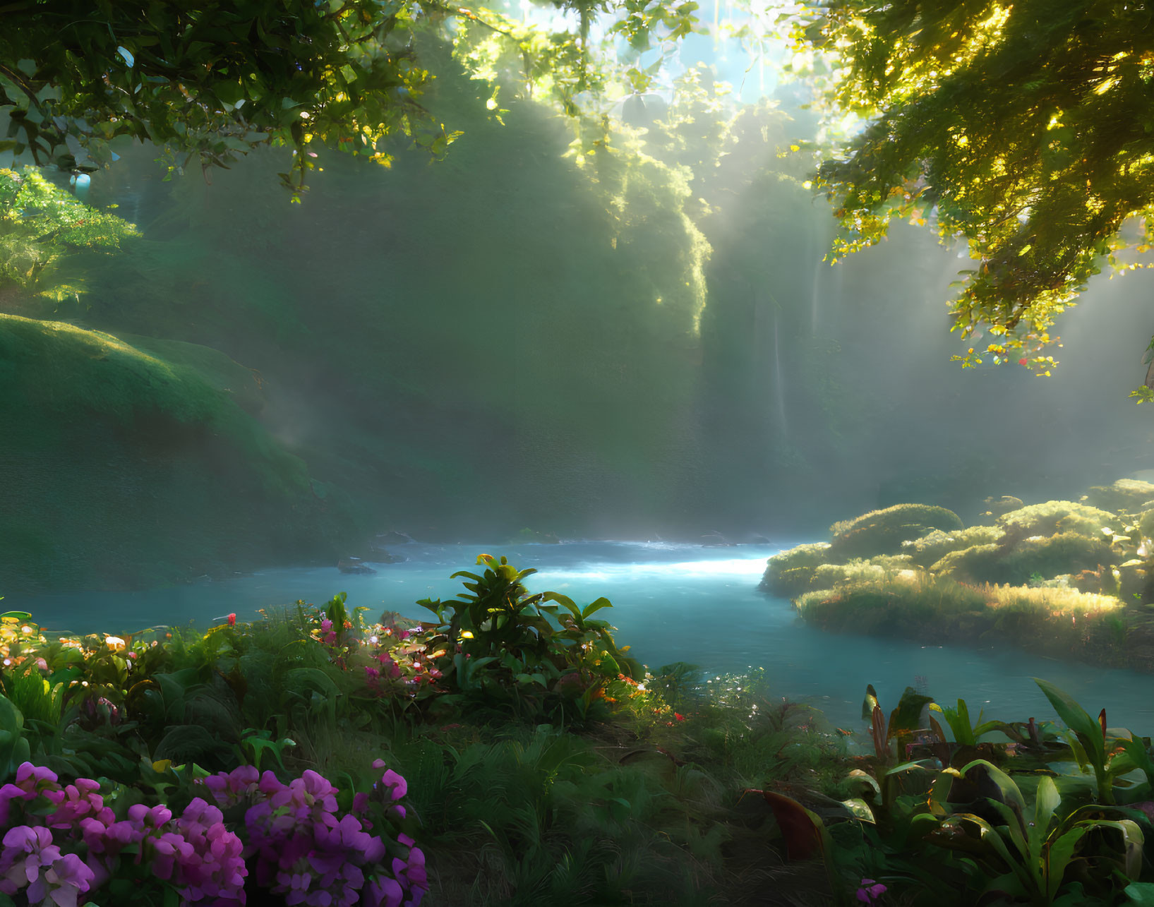 Tranquil forest scene with waterfall, vibrant flora, and sunbeams