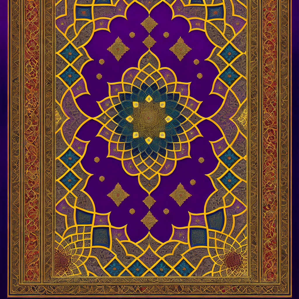 Geometric Islamic Mandala Design in Gold, Purple, and Blue