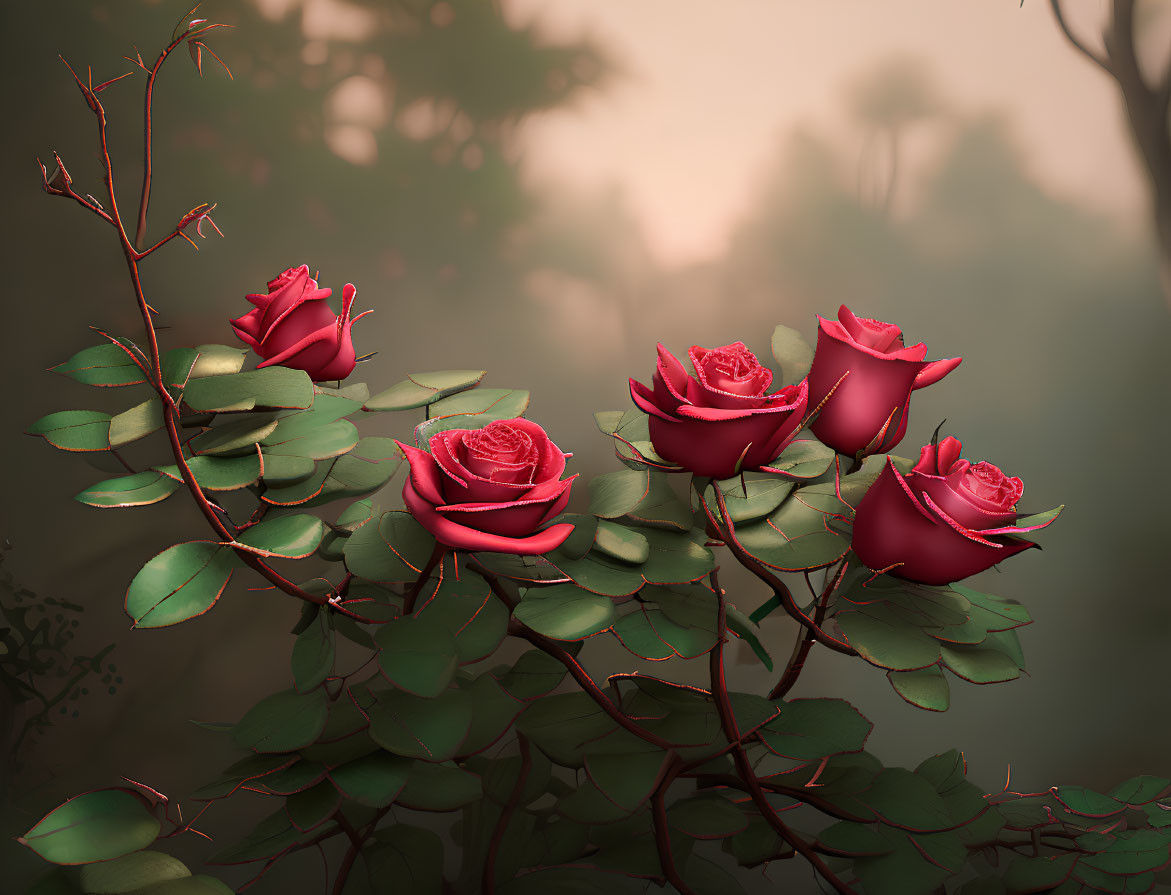 Red Roses in Foreground with Misty Sunrise and Forest Background
