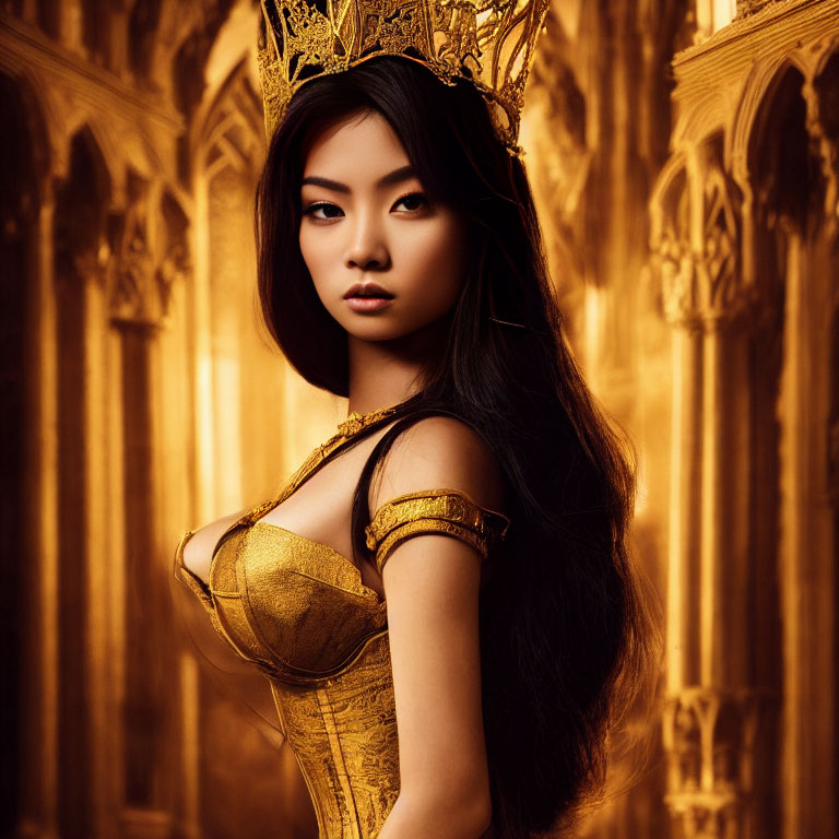 Regal woman in golden dress and crown before cathedral backdrop