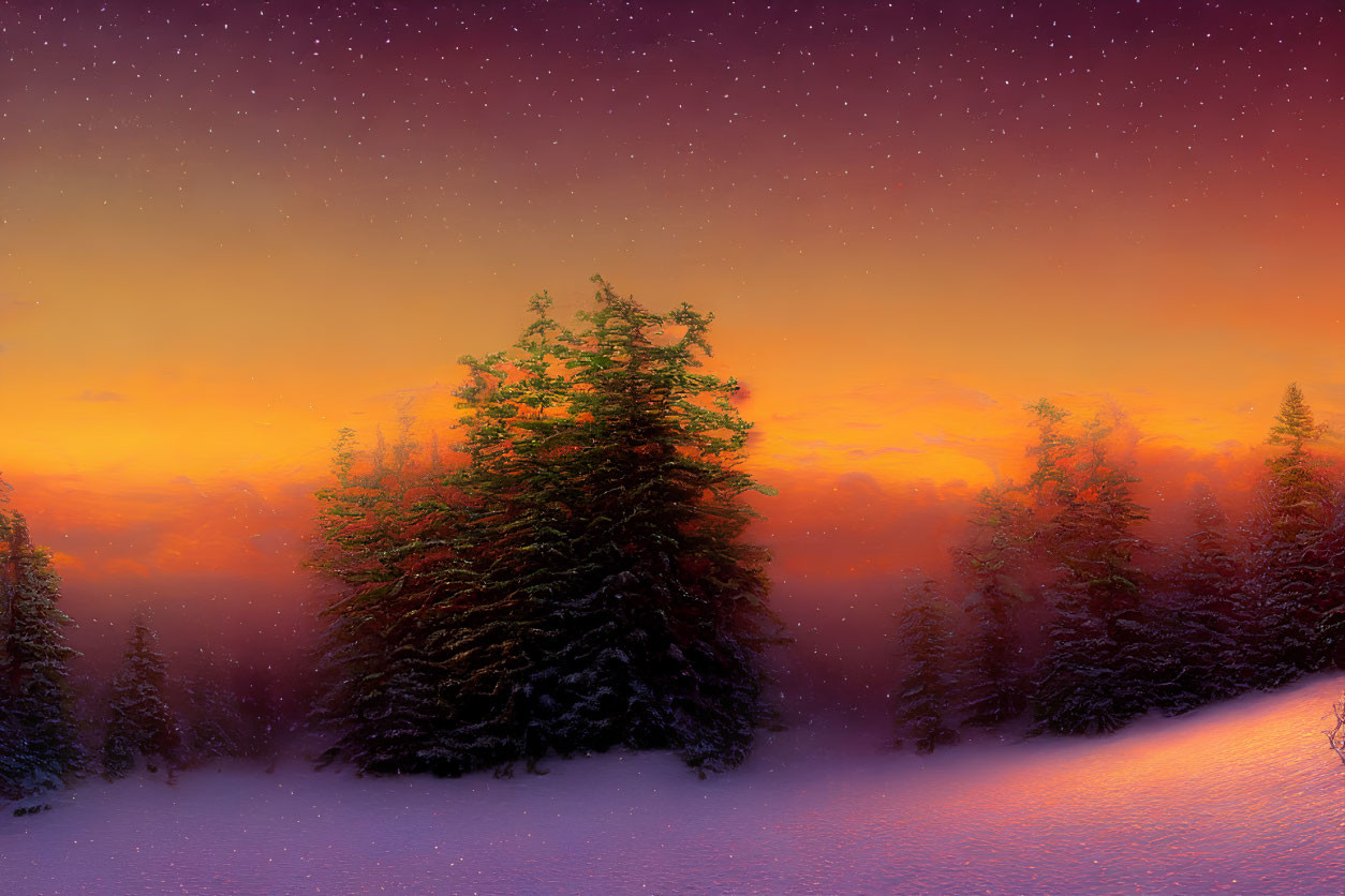 Snow-covered trees in scenic winter landscape at dusk with starry sky and colorful transition.