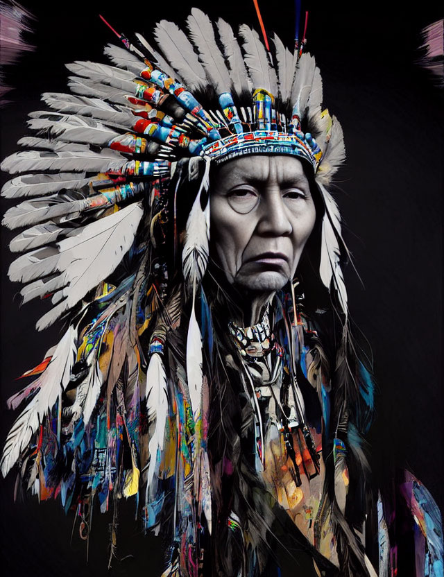 Colorful Native American headdress with feathers and beadwork on stern individual