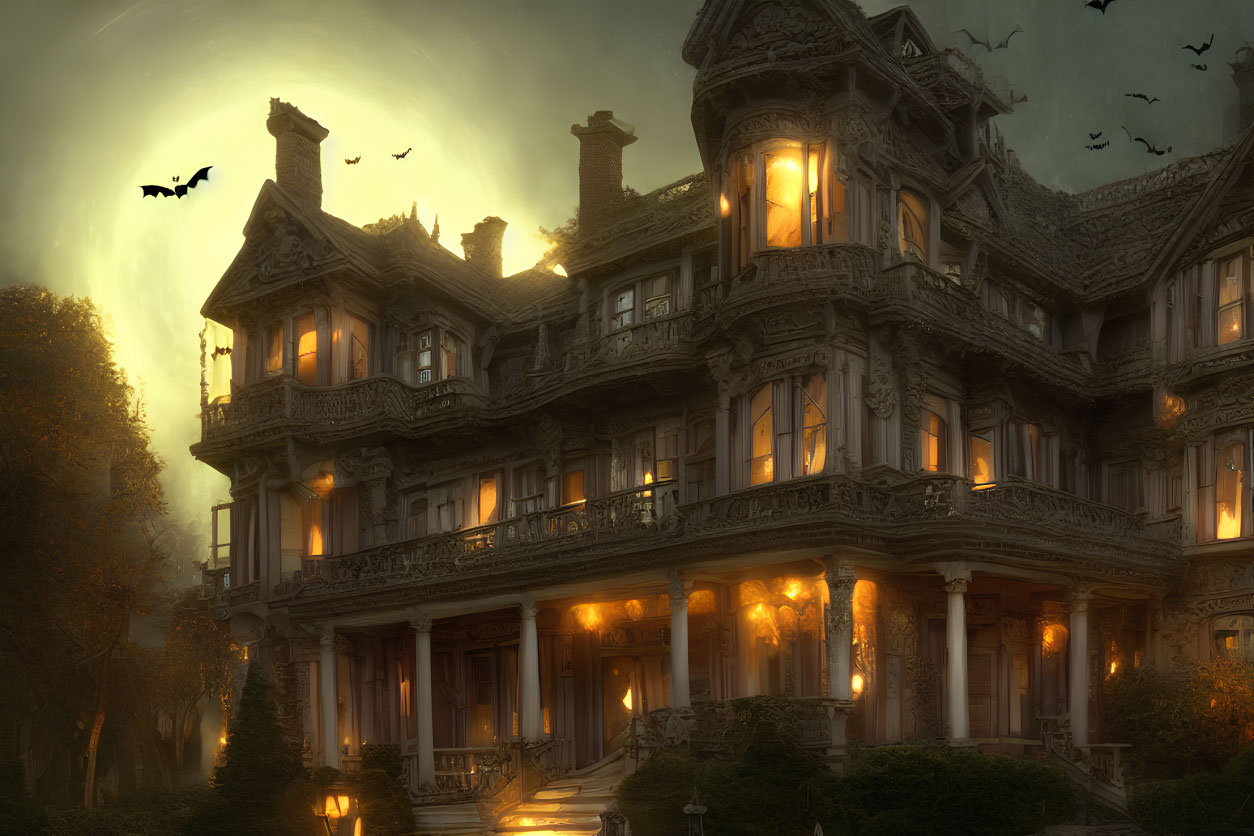 Victorian-style Mansion at Dusk with Warm Lights and Birds