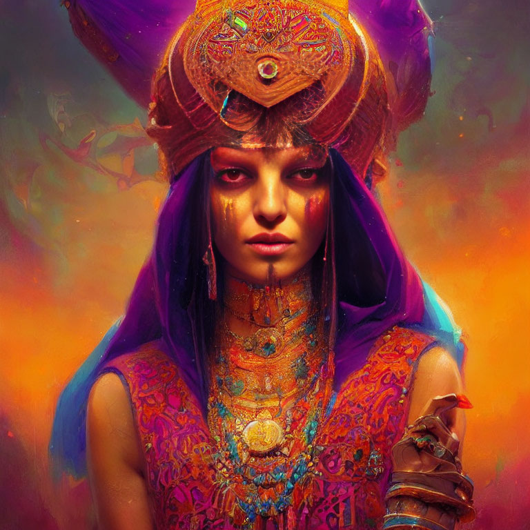 Vibrant digital artwork: woman with elaborate headdress and purple hair