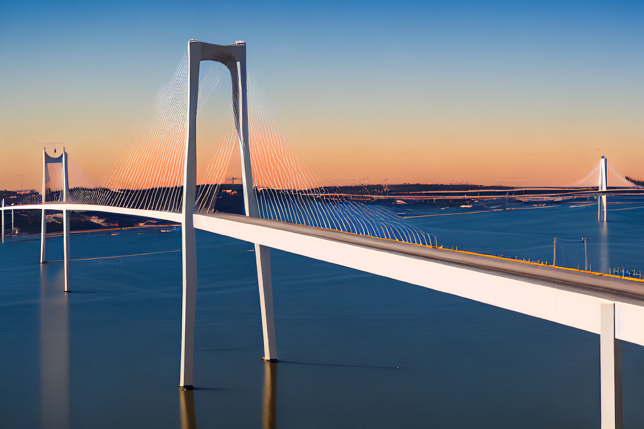 White Pylon Cable-Stayed Bridge Over Calm Waters at Golden Hour