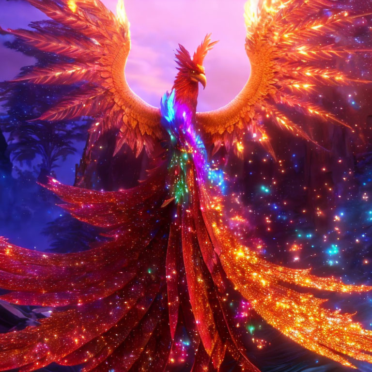 Colorful Phoenix with Fiery Wings in Twilight Forest