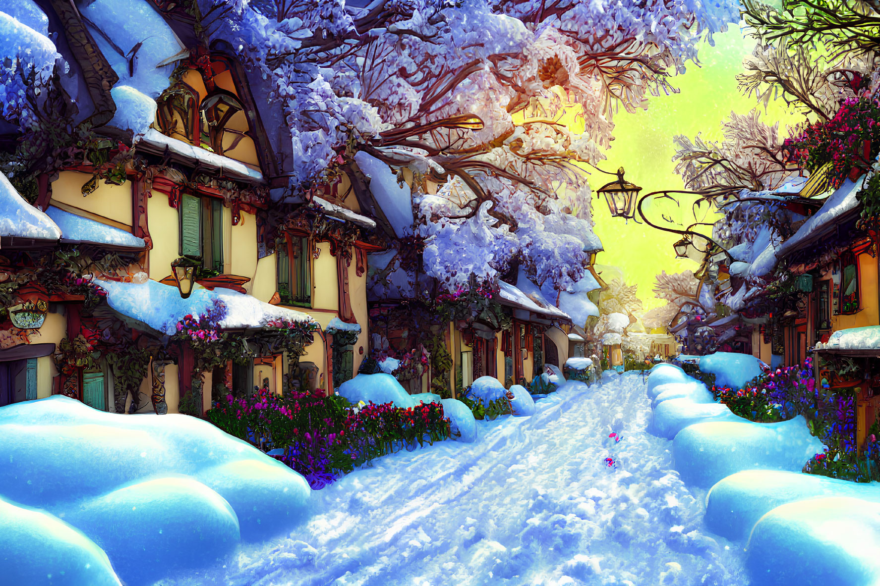 Snowy Village Street with Quaint Houses and Snow-Laden Trees