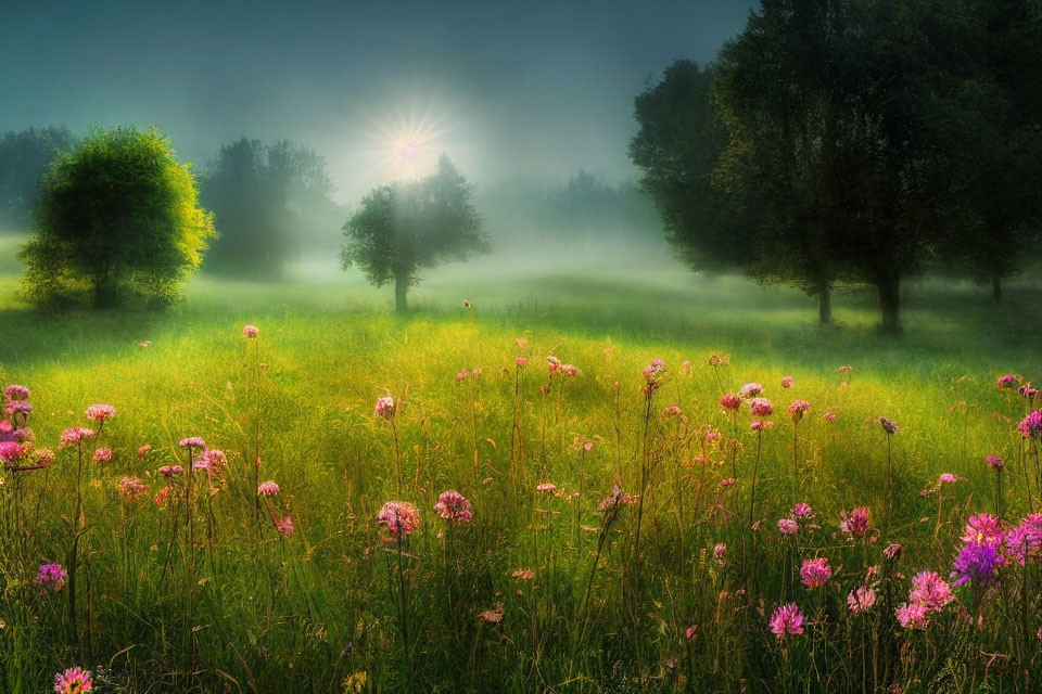 Misty Sunrise Meadow with Pink Flowers and Sunlight Rays
