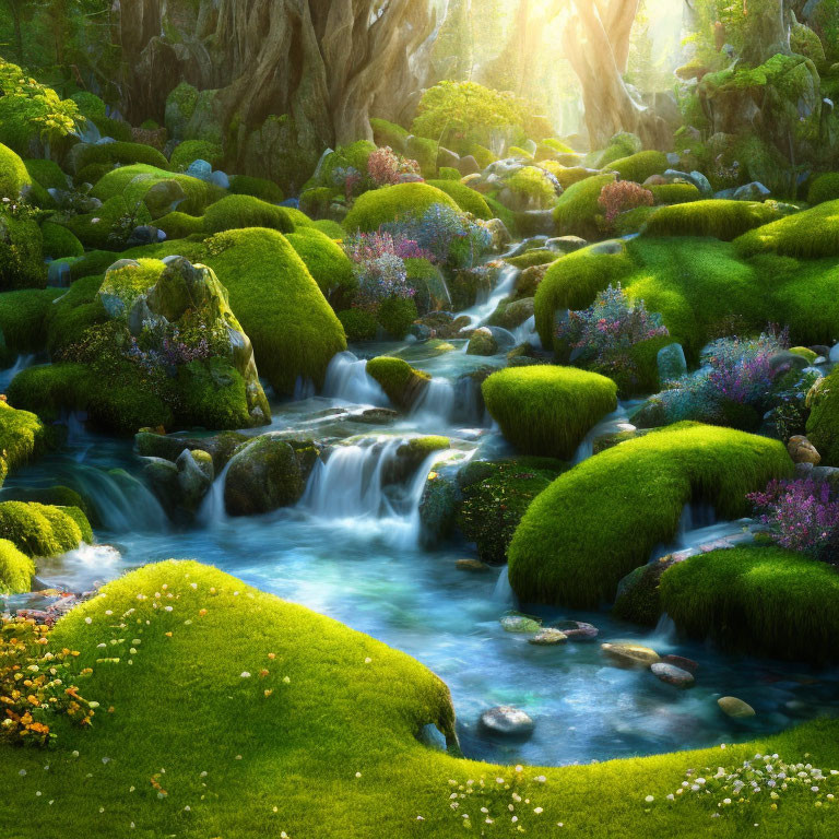 Forest scene with moss-covered rocks, babbling brook, and wildflowers