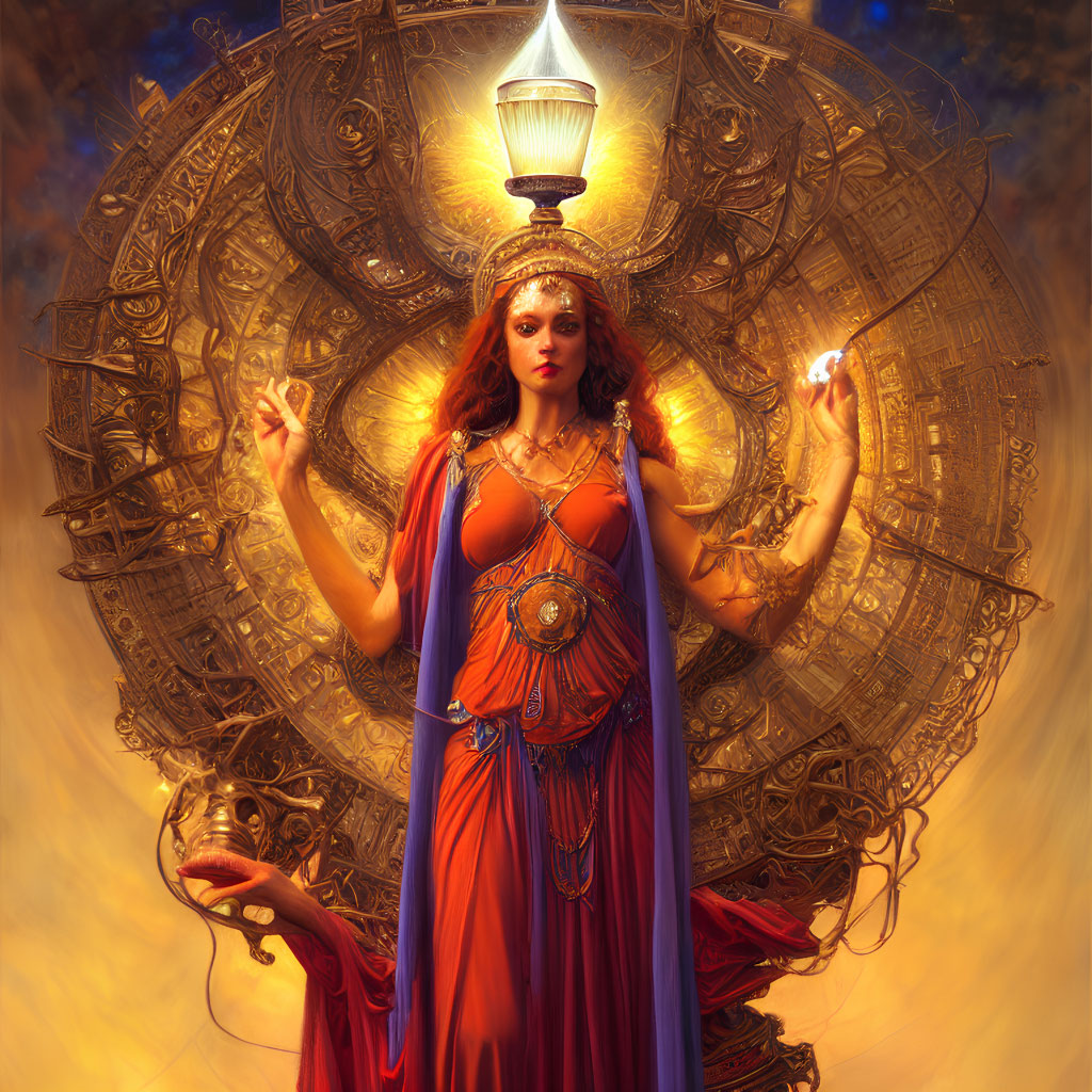 Mystical woman with fiery red hair holding orb and skull in ornate red and blue garments among