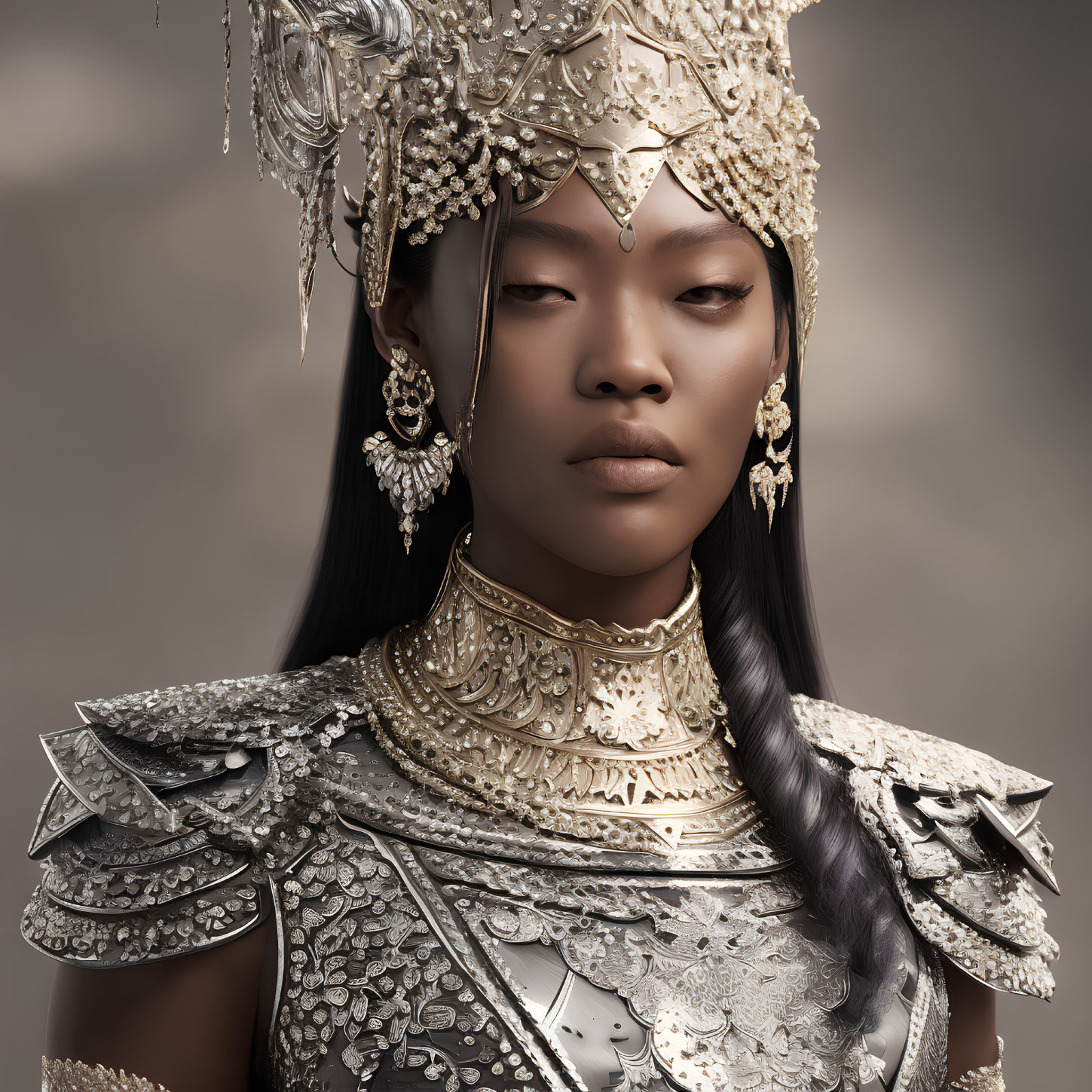 Serene woman in ornate silver and gold headdress and armor