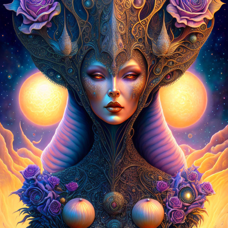 Detailed artwork of female figure with headdress, purple roses, and celestial orbs on warm backdrop