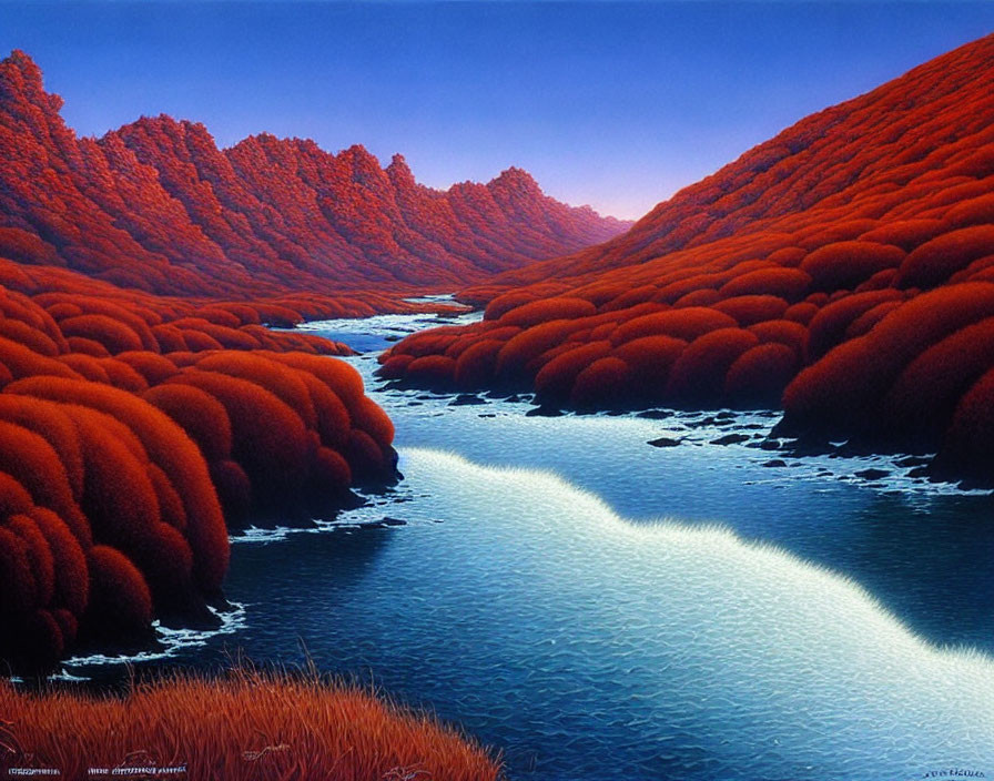 Colorful painting of a river through red-orange forest