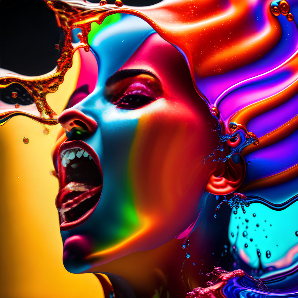 Colorful Liquid Art: Abstract Woman's Face Profile in Dynamic Composition