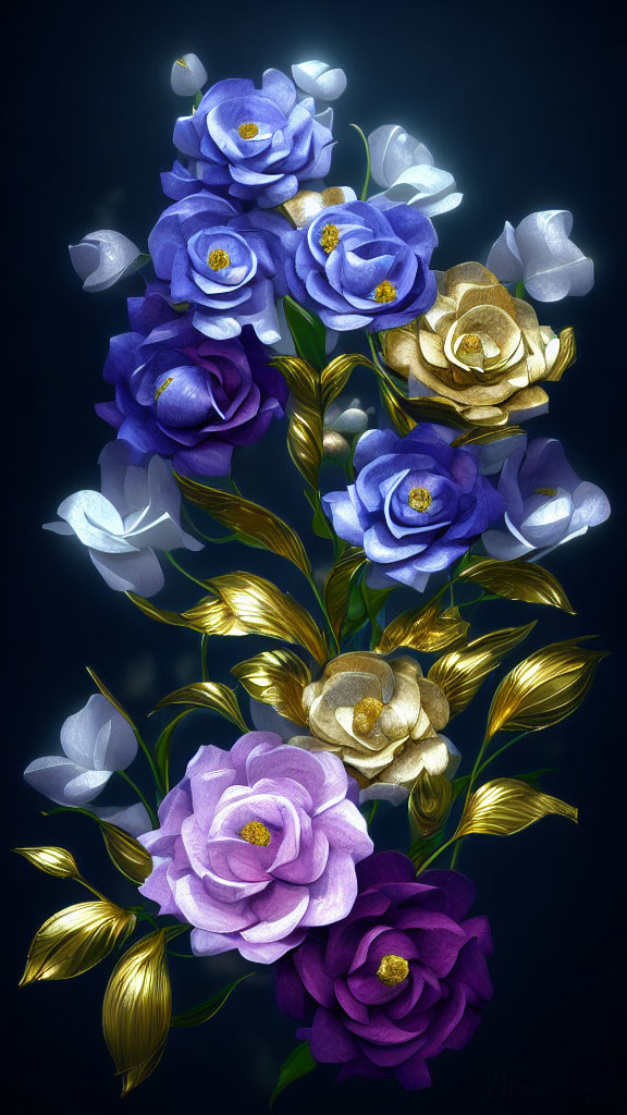 Stylized blue, purple, and gold flowers on dark background