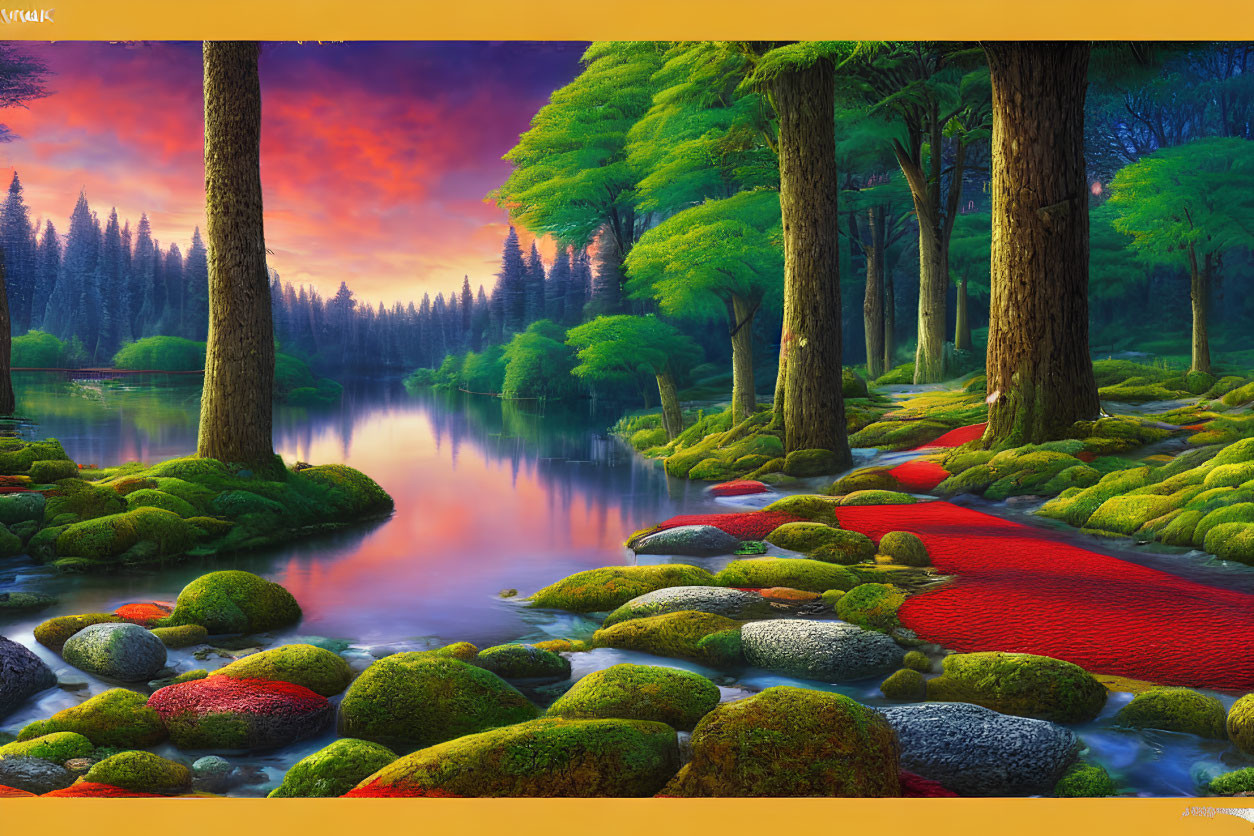 Tranquil forest river with red foliage and moss-covered rocks