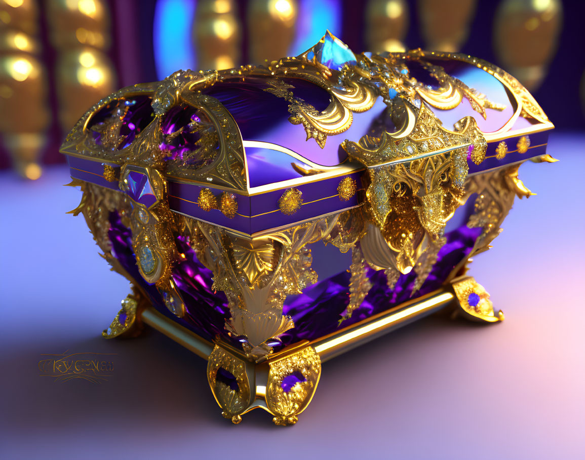 Intricate golden treasure chest with purple velvet lining on colorful backdrop