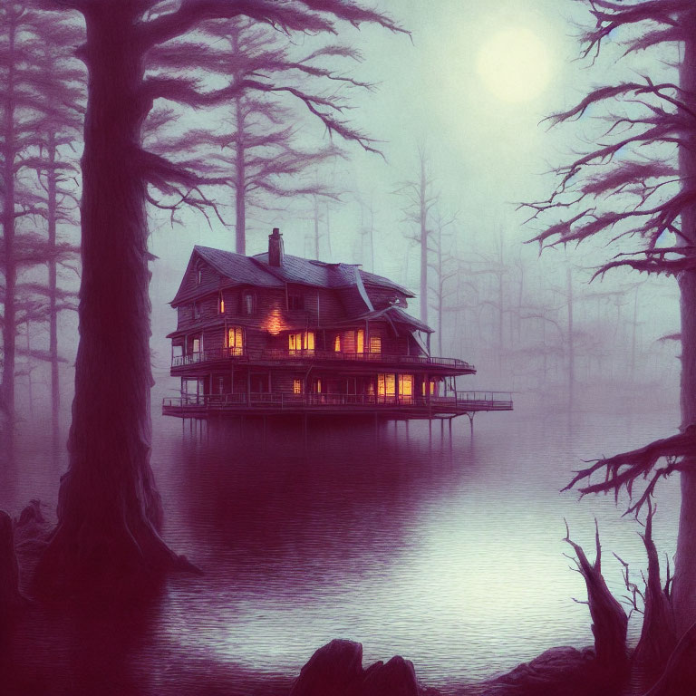 Victorian-style house on stilts over tranquil lake under full moon
