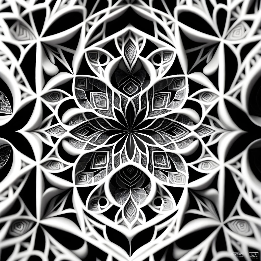 Symmetrical Monochrome Fractal Pattern with Intricate Geometric Shapes