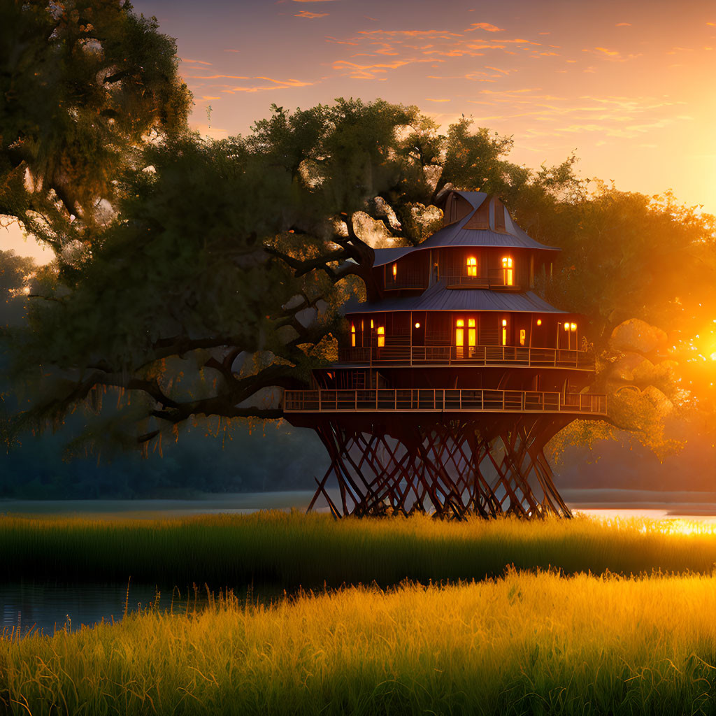  Treehouse on stilts in a Bayou Marsh